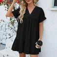 thumbnail image 1 of Nuoqisi Women's V-Neck Solid Short Sleeve Pleated Loose Dress - Relaxed Fit Midi Dress with Textured Detail, 1 of 9