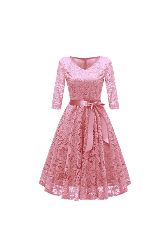 Women's Vintage Floral Lace Dress 3/4 Sleeve Round Neck Solid Tunic Fashion Hollow Out A-Line Bridesmaid Party Dress