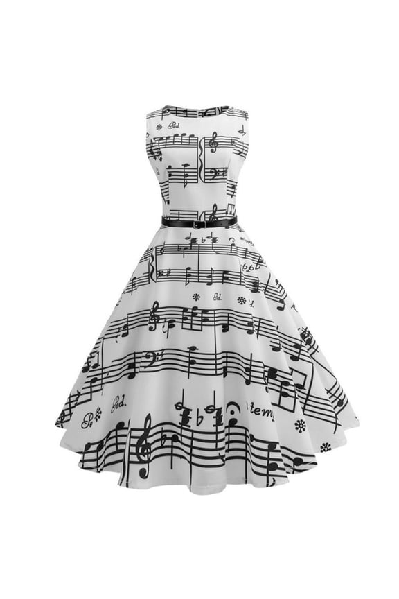 Women's Vintage Inspired Waist-Defining Flared Dress with Musical Note Print - Timeless Elegant Design for Special Occasions and Classic Charm