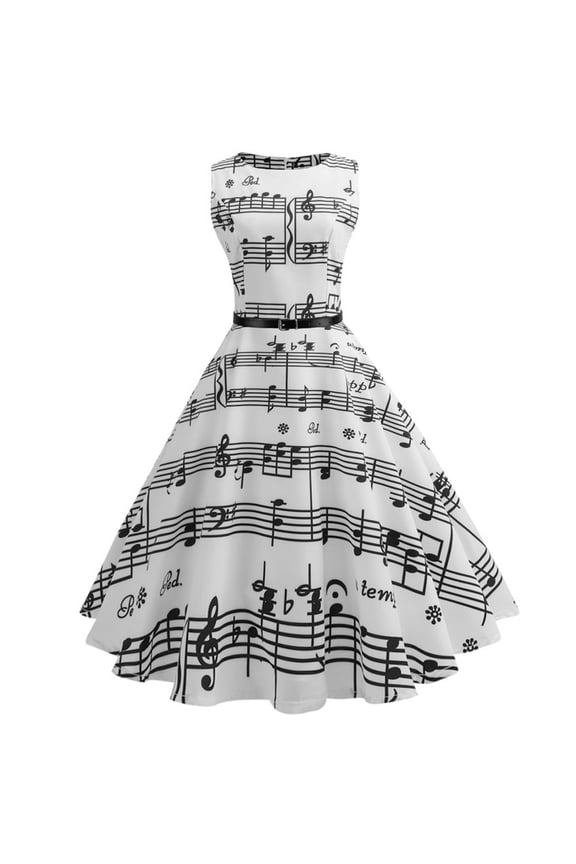 Women's Vintage Inspired Waist-Defining Flared Dress with Musical Note Print - Timeless Elegant Design for Special Occasions and Classic Charm