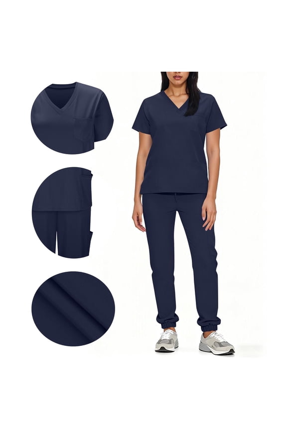 Women's Work Uniform Drawstring Cuffed Pants Set - V-Neck Short Sleeve Top with Functional Pocket Trousers for Professional Carewear