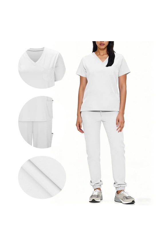 Women's Work Uniform Drawstring Cuffed Pants Set - V-Neck Short Sleeve Top with Functional Pocket Trousers for Professional Carewear