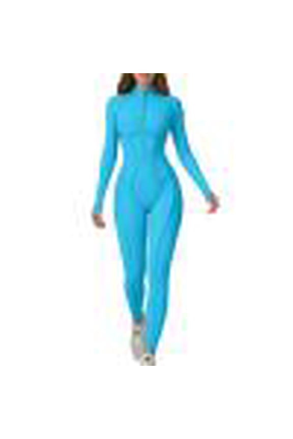 Women's Zipper Solid Color Warm Slim Fit High Stretch Fitness Yoga Jumpsuit - Tight Athletic One-Piece for Training and Yoga Practice