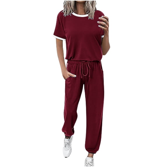 Nuoqisi Womens 2 Piece Outfits 2026 Summer Tracksuit Sets Short Sleeve Tops Travel Long Pants Jogger Lounge Set