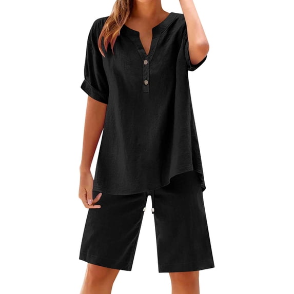 Nuoqisi Womens 2 Piece Short Sets 2026 Summer Vacation V Neck Short Sleeve Beach Outfits Button Casual Suits
