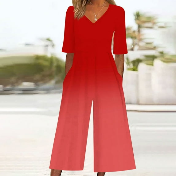Nuoqisi Womens Jumpsuits Dressy Casual Boho Floral Short Sleeve Jumpsuit V Neck Wide Leg Loose Flowy One Piece Bodysuit