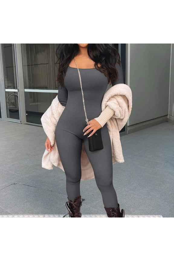 Womens Long Sleeve Workout Jumpsuit Crew Neck Ribbed Seamless Yoga Romper Bodycon Tummy Control Unitard Onesie