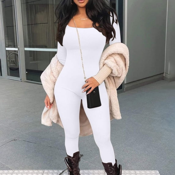 Nuoqisi Womens Long Sleeve Workout Jumpsuit Crew Neck Ribbed Seamless Yoga Romper Bodycon Tummy Control Unitard Onesie