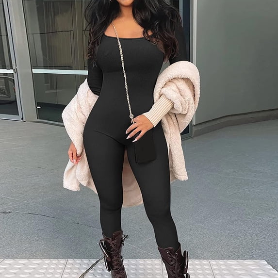 Nuoqisi Womens Long Sleeve Workout Jumpsuit Crew Neck Ribbed Seamless Yoga Romper Bodycon Tummy Control Unitard Onesie