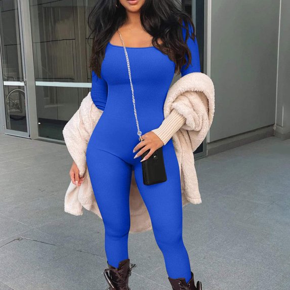 Nuoqisi Womens Long Sleeve Workout Jumpsuit Crew Neck Ribbed Seamless Yoga Romper Bodycon Tummy Control Unitard Onesie