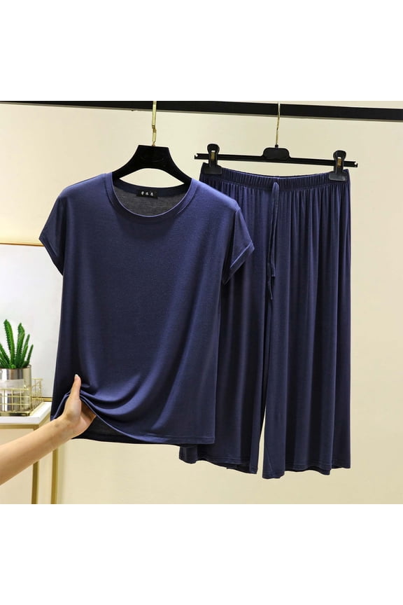 Womens Lounge Set 2026 Summer 2 Piece Outfits Solid Short Sleeve Round Neck Tops & Wide Leg Capri Trousers Matching Modal Sets Clothing