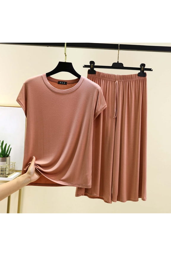 Womens Lounge Set 2026 Summer 2 Piece Outfits Solid Short Sleeve Round Neck Tops & Wide Leg Capri Trousers Matching Modal Sets Clothing