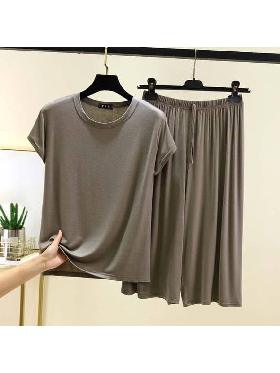 Womens Lounge Set 2026 Summer 2 Piece Outfits Solid Short Sleeve Round Neck Tops & Wide Leg Capri Trousers Matching Modal Sets Clothing