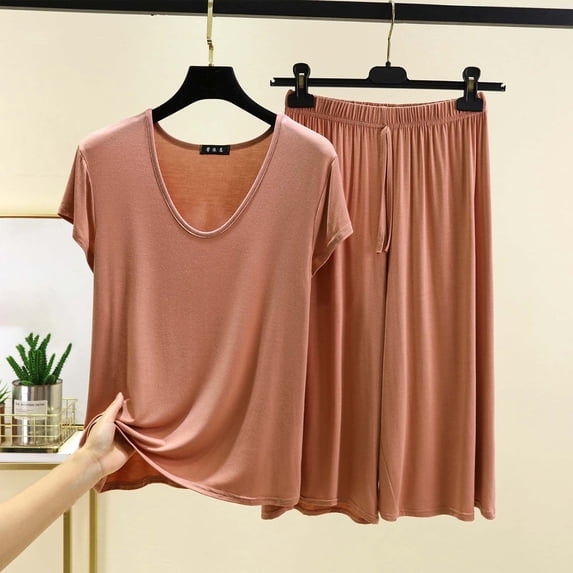 Nuoqisi Womens Lounge Set 2026 Summer 2 Piece Outfits Solid Short Sleeve V Neck Tops & Wide Leg Capri Trousers Matching Modal Sets Clothing
