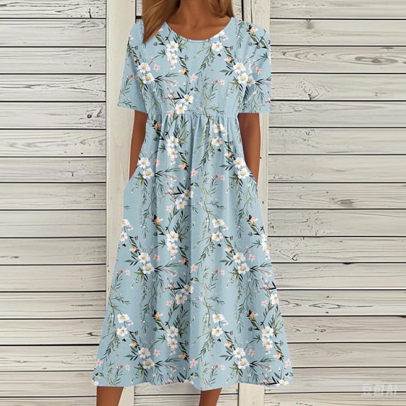 Nuoqisi Womens Summer Dresses Beach Casual Loose Fitted Pleat Tshirt Floral Short Sleeve Round Neck Flowy Sundresses 2026