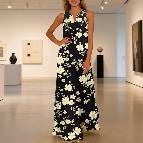 Nuoqisi Womens Summer Maxi Dress 2026 Casual V Neck Floral Sleeveless Sun Dress Trendy Beach Vacation Long Flowy Dresses