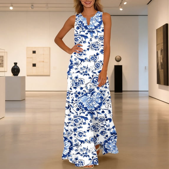 Nuoqisi Womens Summer Maxi Dress 2026 Casual V Neck Floral Sleeveless Sun Dress Trendy Beach Vacation Long Flowy Dresses
