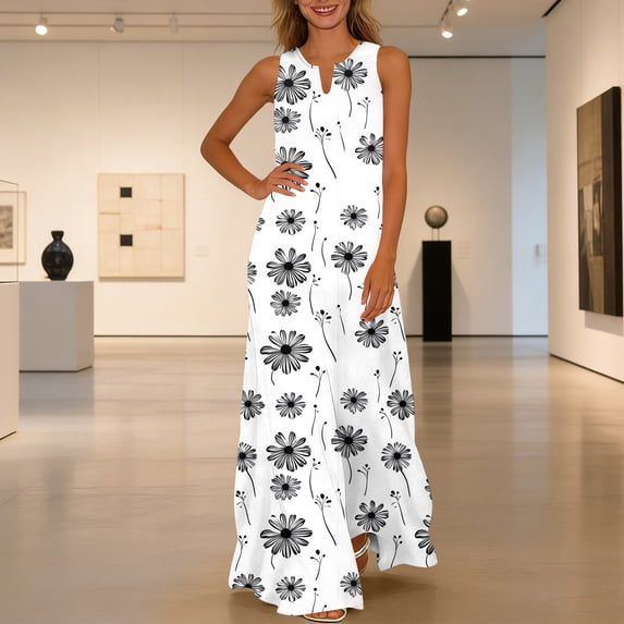 Nuoqisi Womens Summer Maxi Dress 2026 Casual V Neck Floral Sleeveless Sun Dress Trendy Beach Vacation Long Flowy Dresses