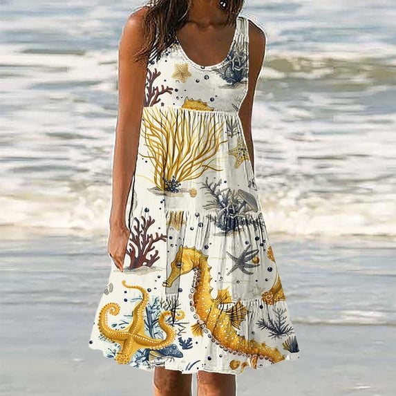 Nuoqisi Womens Summer Sundress Boho Floral Casual Tank Dresses Sleeveless Tiered Swing A Line Beach Dress