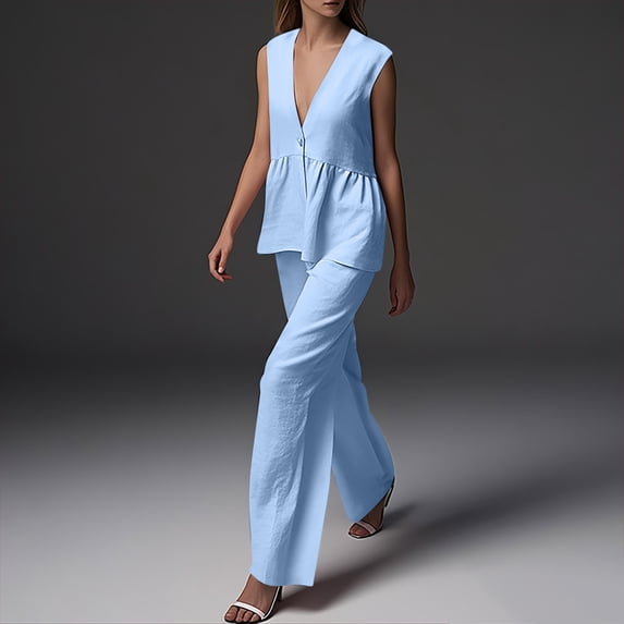 Nuoqisi Womens Two Piece Set Sleeveless V Neck Peplum Vest Wide Leg Pant Suits Dressy Casual Summer Vacation Outfits