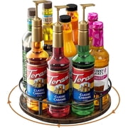 Nuovoware 9 Bottles Rotating Coffee Syrup Rack, Coffee Syrup Rack Organizer Carbon Steel Frame with Wooden Base Bottle Holder for Syrups Table Top Thermos Liquor, Brown+Black