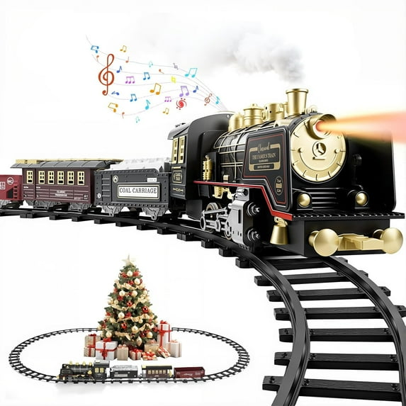 Luxspire Christmas Train Set with Remote Control Smoke, Lights, and Sound, Classic Electric Train Set Around The Tree, Toy Holiday Decoration for 5-13 Years Old Kids, Black