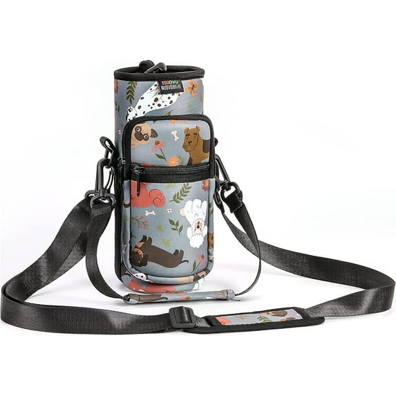 Nuovoware Water Bottle Carrier Bag with Adjustable Shoulder Hand Strap and 2 Pocket, Sling Neoprene Sleeve Sports Accessories for Hiking Travelling Camping, 25oz, Gray Puppy