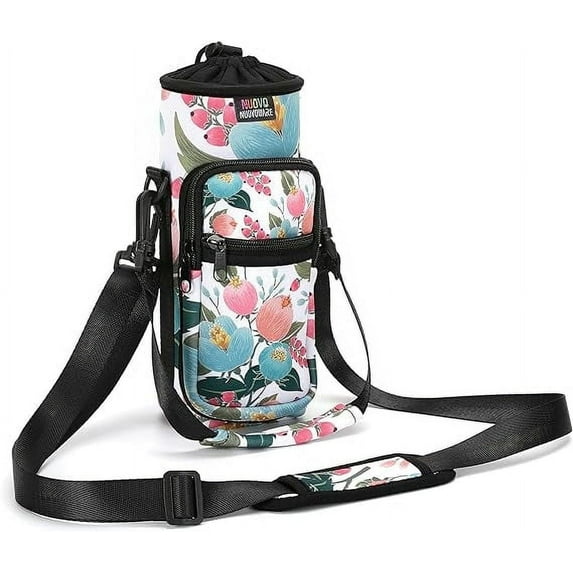 Nuovoware Water Bottle Carrier Bag with Adjustable Shoulder Hand Strap and 2 Pocket, Sling Neoprene Sleeve Sports Accessories for Hiking Travelling Camping, 25oz, Pink Rose