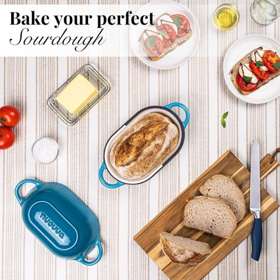 Nuovva Enamelled Cast Iron Bread Loaf Pot - Rectangular Dutch Oven for Sourdough Baking, Light Blue, 24cm x 16cm