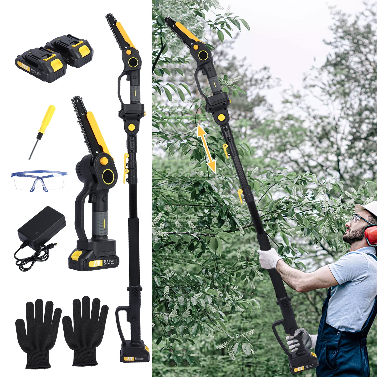 Nuoxin 2-in-1 Cordless Pole Saw & 6" Electric Mini Chainsaw,21V 2.0 Ah Battery Powered Brushless Pole Chainsaw ,13 FT Max Reach for Tree Trimming,5.29 lbs Lightweight,with Replacement Chain