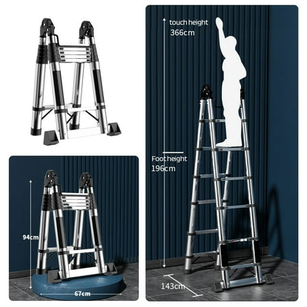Nuoxin Adjustable Telescoping Ladder A-Frame Ladder with Stabilizer Bar,Stainless Steel