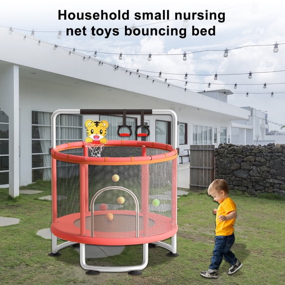 Nuoxin Round Trampoline for Kids with Basketball Hoop,60'' Indoor Outdoor Toddler Trampoline with Enclosure Net,Swing,Sandbag,Ring,Ocean Balls,Small Trampoline Gift for Boys Girls
