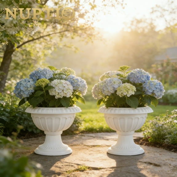 Nuptio 10.2 Inch Plastic Garden Planter Urns for Outdoor Plants with Pedestal, Front Porch Planters Set of 2