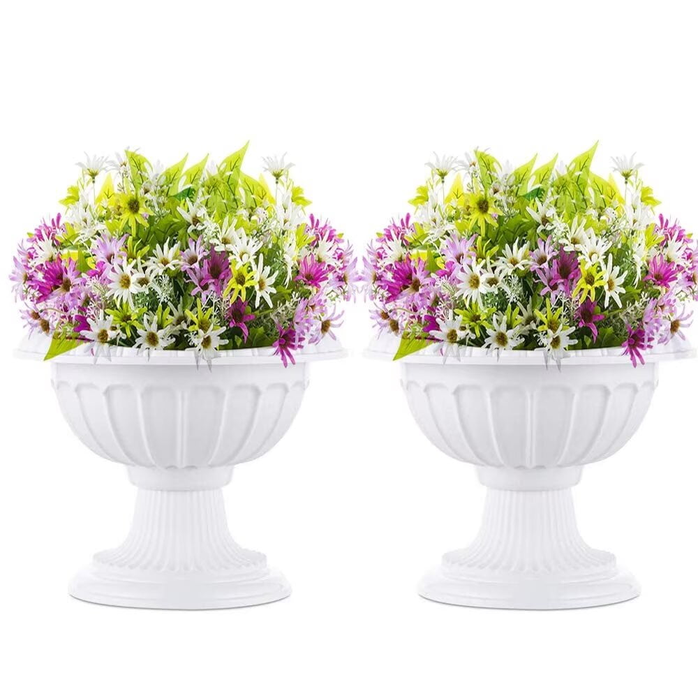 White Plastic Classic Urn Planter Set with Drainage Hole