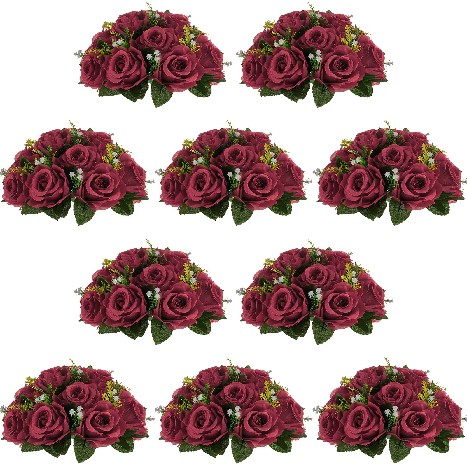 Nuptio 10pcs Faux Bouquet, Burgundy Artificial Rose Ball, 15 Heads for