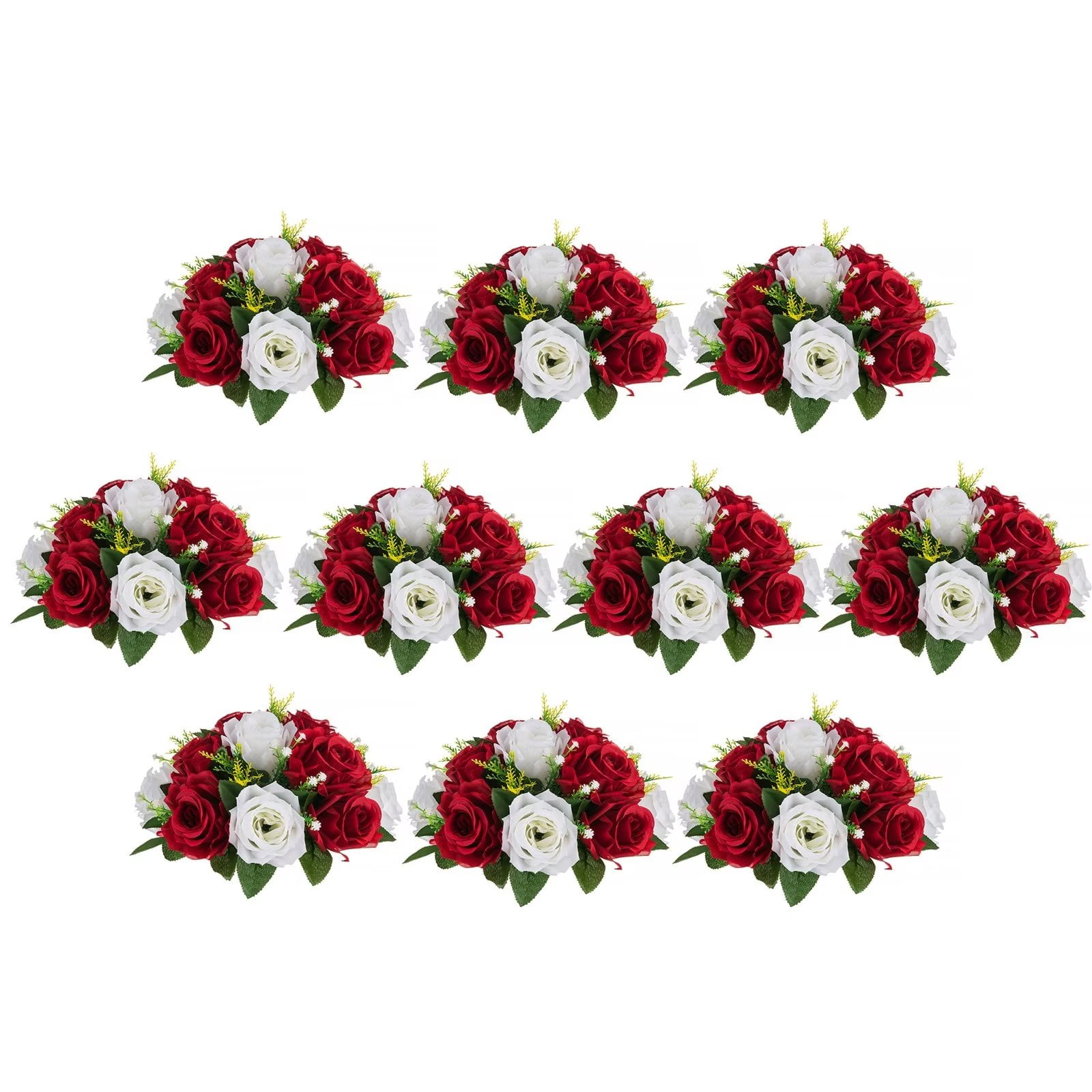 Nuptio 10pcs Crimson White Fake Flowers Plastic Floral Ball 15 Heads