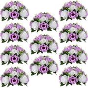 Nuptio 10pcs Lilac White Fake Flowers Plastic Floral Ball 15 Heads Artificial Rose Flower Arrangement for Wedding Centerpiece Table Décor