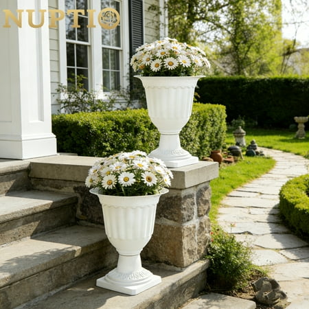 NUPTIO Outdoor Urn Planter for Porch, 13.98 inch White Flower Pot for Garden Front Porch Door 2pcs
