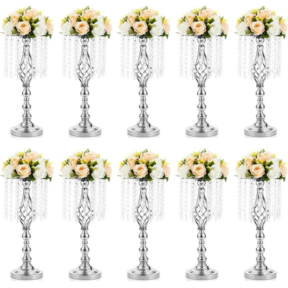 Nuptio 19.3in/49cm Crystal  Wedding Vase for Centerpiece，Silver Tall Centerpieces Flower Stand for Tables Decoration Party Wedding Reception