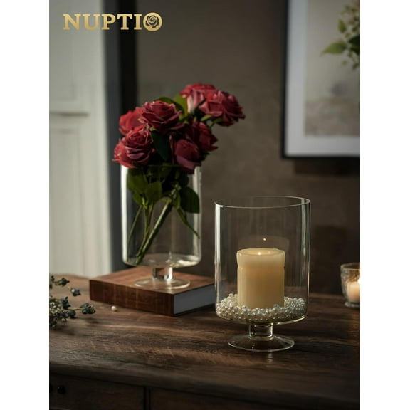 Nuptio 2 Pcs Glass Flower Vase - Large Pillar Candle Holder, 8.7in Tall Glass Cylinder Candle Holder Hurricane Ornament for Wedding Party Dining Table Home Centerpieces Housewarming Gift