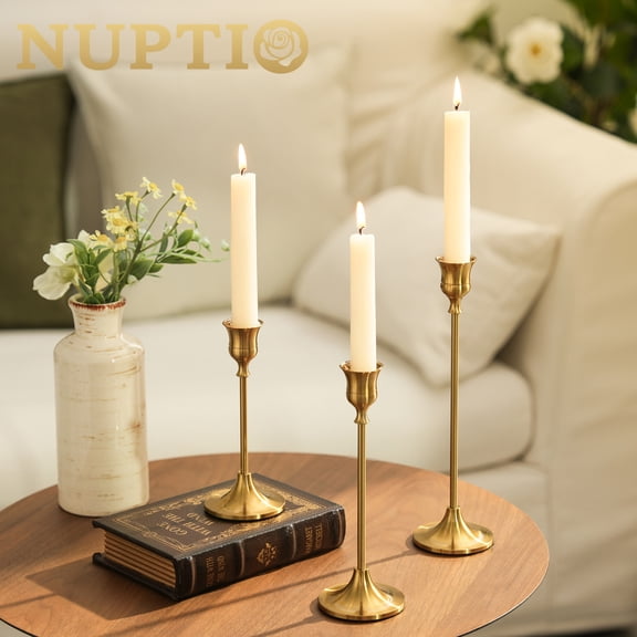 Nuptio 2 Sets(6 Pcs) Brass Gold Metal Taper Candle Holders Candlestick Holders, Vintage Modern Decorative Centerpiece Candlestick Holders for Table Mantel Wedding Housewarming Gift