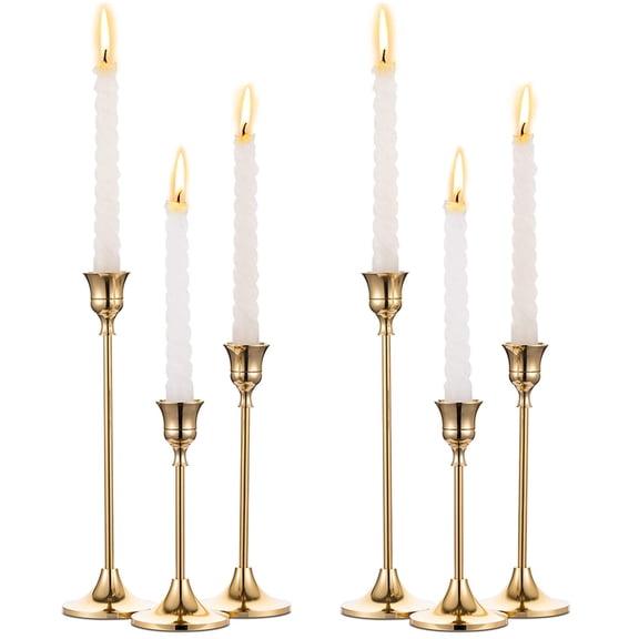 Nuptio 2 Sets(6 Pcs) Brass Taper Candle Holders for Candlestick , Vintage Gold Candle stick Holders for Table Centerpiece Housewarming Home Decor