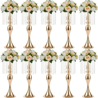 Nuptio 21.3in/54cm Tall Crystal Gold Metal Vase Flower SCrystal Metal Centerpiece Vase 10Pcs 21.3 inches Tall Flower Stand Holders Wedding Centerpiece Chandelier for Reception Tables Wedding Supplies