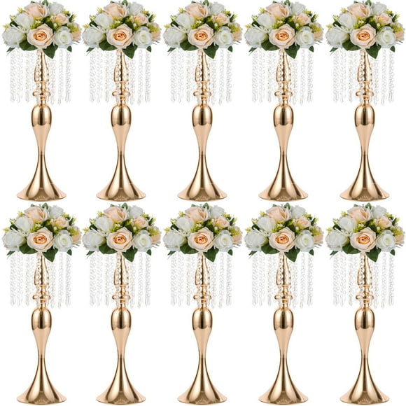 Nuptio 21.3in/54cm Tall Crystal Gold Metal Vase Flower SCrystal Metal Centerpiece Vase 10Pcs 21.3 inches Tall Flower Stand Holders Wedding Centerpiece Chandelier for Reception Tables Wedding Supplies
