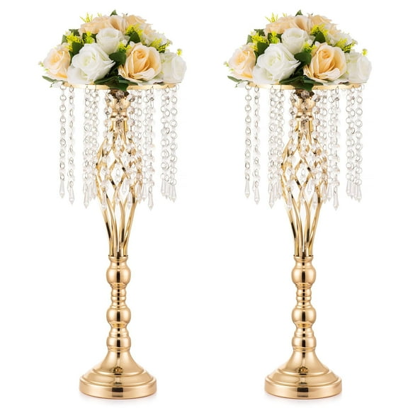 Nuptio 21.7in/55cm Tall Crystal Gold Wedding Centerpiece Table Vase Decor, Elegant Flower Stand Table Floor Decoration for Birthday Party Event Wedding Reception 2pcs