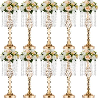 Nuptio 21.7in/55cm Tall Crystal Gold Wedding Centerpiece Table Vase Decor， Elegant Flower Stand Table Floor Decoration for Birthday Party Event Wedding Reception Bulk 10pcs