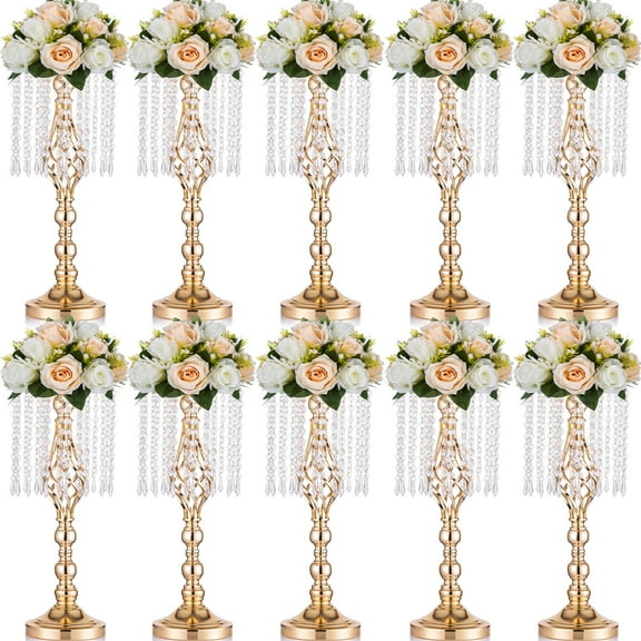 Nuptio 21.7in/55cm Tall Crystal Gold Wedding Centerpiece Table Vase Decor, Elegant Flower Stand Table Floor Decoration for Birthday Party Event Wedding Reception Bulk 10pcs