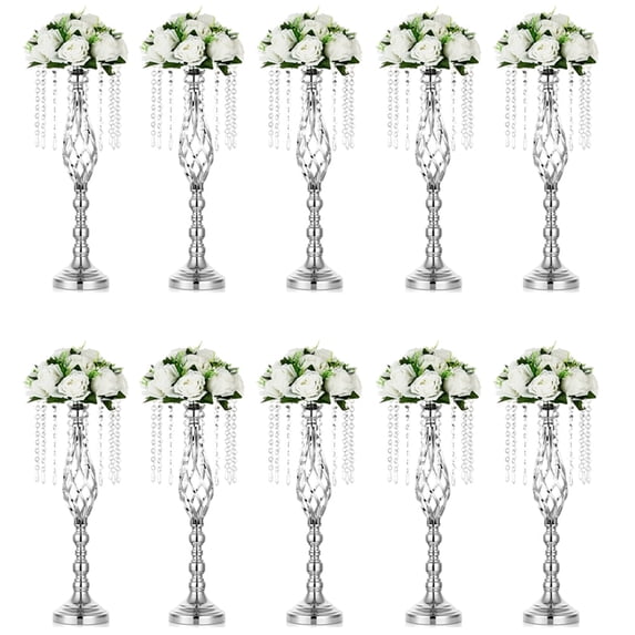 Nuptio 21.7in/55cm Tall Crystal Silver Wedding Centerpiece Table Vase Decor, Elegant Flower Stand Table Floor Decoration for Birthday Party Event Wedding Reception Bulk 10pcs