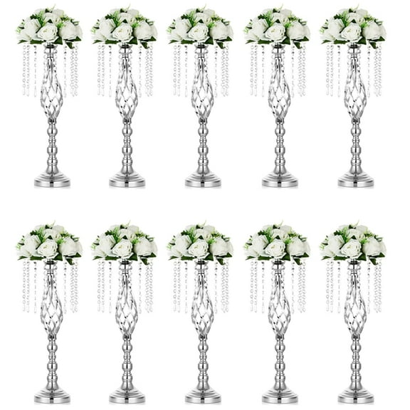 Nuptio 21.7in/55cm Tall Crystal Silver Wedding Centerpiece Table Vase Decor, Elegant Flower Stand Table Floor Decoration for Birthday Party Event Wedding Reception Bulk 10pcs