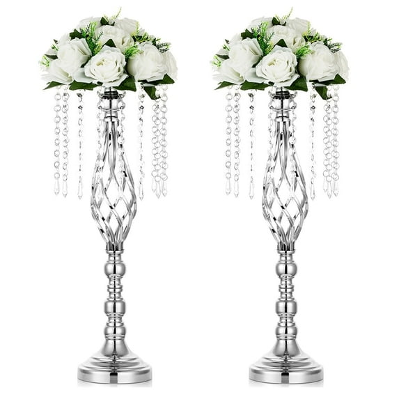 Nuptio 21.7in/55cm Tall Crystal Silver Wedding Centerpiece Table Vase Decor, Elegant Flower Stand Table Floor Decoration for Birthday Party Event Wedding Reception 2pcs